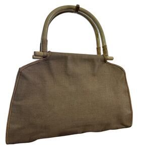 Fossil Vintage Wooden Handle Canvas Handbag Satchel Boho Purse Tan Brown Bag